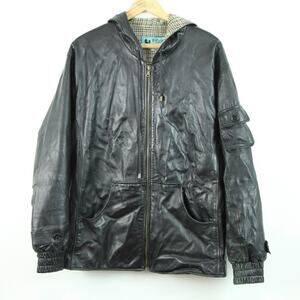 Men's Fox Black Hooded Leather Jacket Italy M Hobo Distressed Patina Pockets